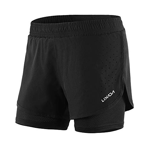 Lixada Damen Laufshorts 2-in-1 Doppellagig Elastischer Bund Sport Shorts No-Chafing Schnell Trocknend Atmungsaktiv Workout Fitness Active Yoga Joggen Shorts, Damen, Schwarz, Damen, XL von Lixada