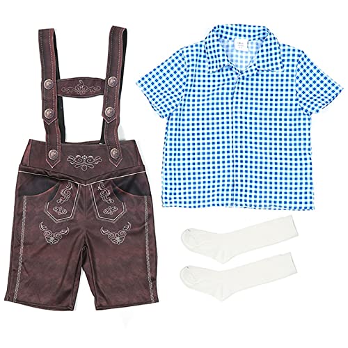 Dirndl Jungen, Niedliche Karierte Hosenträger Performance Kostüm, Trachten für Jungen, Langärmeliges Kariertes Hemd, Kinder Trachten Lederhose 2tlg, Kurz mit Träger+Kariert Bluse von Liyuera