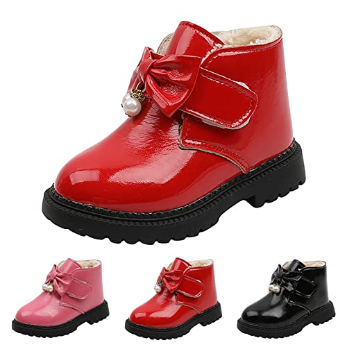 Winterschuhe Mädchen Gummistiefel Kinder Mode Herbst und Winter Mädchen Schneestiefel dicker Boden rutschfest warm und bequem niedlich Schleife Perle einfarbig Herbstschuhe Mädchen (Red, 32 Big Kids) von Liyuera