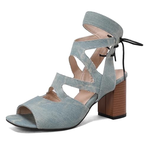 Lizoleor Blockabsatz Peep Toe Schnüren Slingback Damen Sandalen Cut Out Strappy Square Toe Höhe Ferse Mode Sommer Wildleder Blau Gr 42 EU/44Cn von Lizoleor