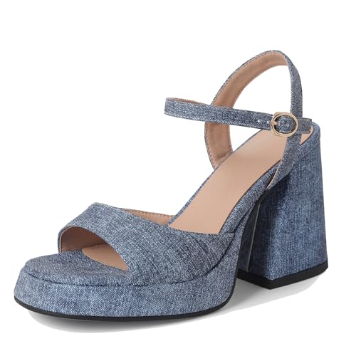 Lizoleor Blockabsatz Plateau Offene Zeh Denim Damen Sandalen Höhe Ferse Runde Zehen Knöchelriemchen Klassischer Elegant Dark-Blau Gr 33 Eu von Lizoleor