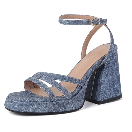 Lizoleor Blockabsatz Plateau Offene Zeh Denim Damen Sandalen Höhe Ferse Runde Zehen Knöchelriemchen Klassischer Elegant Dark-Blau Gr 35 Eu von Lizoleor