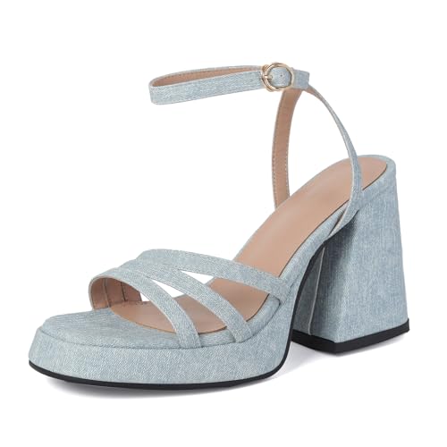 Lizoleor Blockabsatz Plateau Offene Zeh Denim Damen Sandalen Höhe Ferse Runde Zehen Knöchelriemchen Klassischer Elegant Light-Blau Gr 36 Eu von Lizoleor