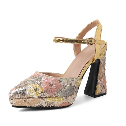 Lizoleor Blockabsatz Slingback Pointed Toe Plateau Damen Sandalen Höhe Ferse Sequins Blume Knöchelriemchen Elegant Kleid Schuhe Gold Gr 33 Eu von Lizoleor