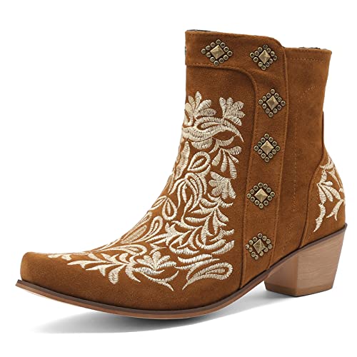 Lizoleor Damen Blockabsatz Chelsea Klassischer Embroiderot Cowboy Stiefeletten Reißverschluss Pointed Toe Leisure Comfy Western Stiefeletten Braun Gr 34 Eu von Lizoleor