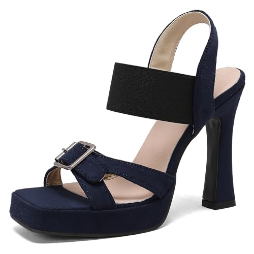 Lizoleor Damen Blockabsatz Square Toe Plateau Sommer Sandalen Höhe Ferse Slingback Ohne Verschluss Wildleder Sommer Party Schuhe Blau Gr 42 EU/44Cn von Lizoleor