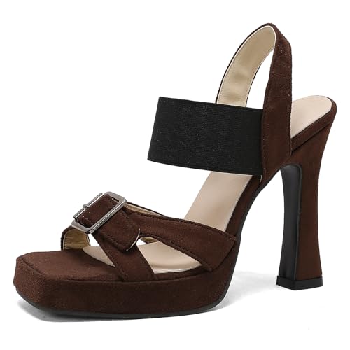 Lizoleor Damen Blockabsatz Square Toe Plateau Sommer Sandalen Höhe Ferse Slingback Ohne Verschluss Wildleder Sommer Party Schuhe Braun Gr 34 Eu von Lizoleor