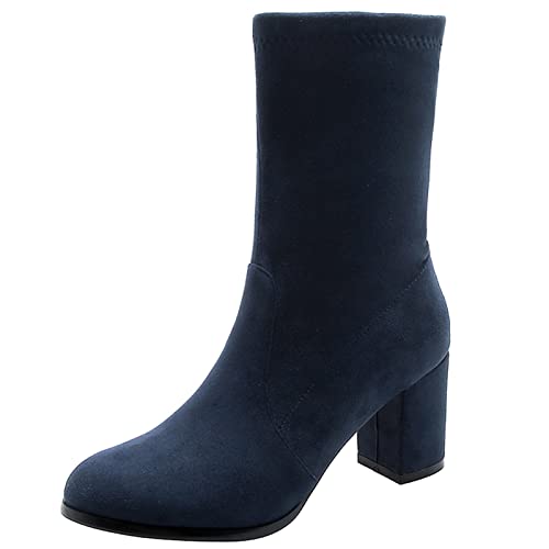 Lizoleor Damen Halbschaft Chelsea Ohne Verschluss Warm Blockabsatz Stretch Stiefeletten Runde Zehen Elegant Party Höhe Ferse Winterstiefel Blau/R Gr 40.5 EU/42Cn von Lizoleor