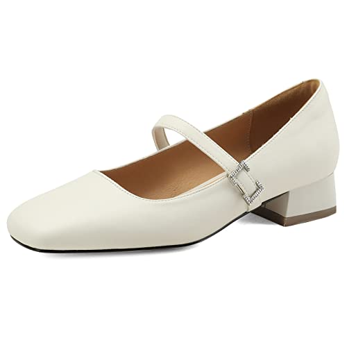 Lizoleor Damen Klassischer Brogue Mary Jane Kleid Square Toe Schuhe Comfy Bridal Block Mitte Absatz Pumps Knöchelriemchen Beige Gr 39 EU/40Cn von Lizoleor