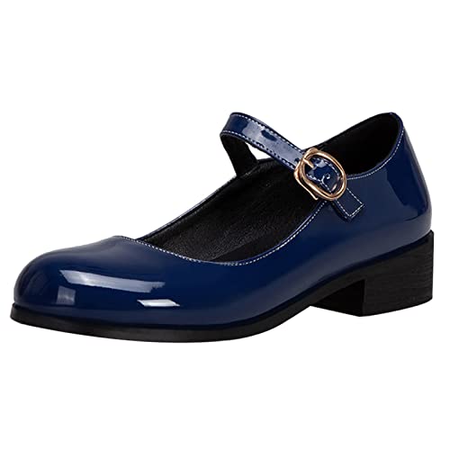 Lizoleor Damen Knöchelriemchen Mary Jane Runde Zehen Klassischer Lack Block Mitte Absatz Pumps Damen Schule Schnalle Leisure Prom Schuhe Blau Gr 38 EU/39Cn von Lizoleor