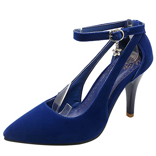 Lizoleor Damen Pointed Toe Stiletto Kleid Knöchelriemchen Pumps Elegant Brautschuhe Sommer Party Mode Abend Arbeit Schuhe Blau Gr 38 EU/39Cn von Lizoleor