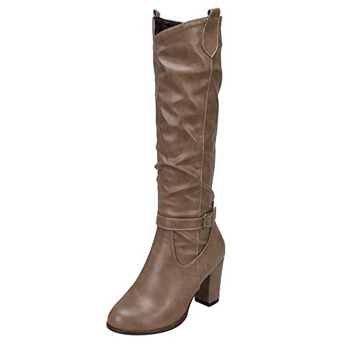 Lizoleor Damen Runde Zehen Klassischer Knee Slouch Reitstiefel Blockabsatz Leisure Ohne Verschluss Mode Reitstiefel Mit Schnalle Khaki Gr 36.5 EU/37Cn von Lizoleor