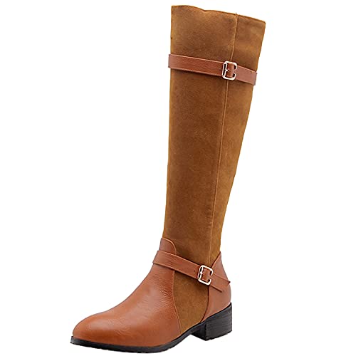 Lizoleor Damen Winter Leisure Block Mitte Absatz Reißverschluss Knee Reitstiefel Schnalle Mode Chunky Runde Zehen Draußen Reitstiefel Braun Gr 39 EU/40Cn von Lizoleor