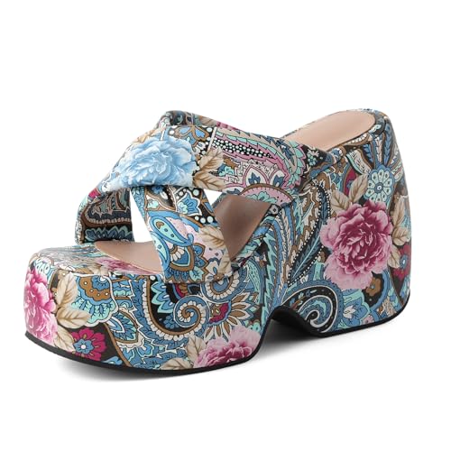 Lizoleor High Keilabsatz Plateau Offene Zeh Print Damen Pantoletten Pantoffeln Out Door Strand Ohne Verschluss Slingback Slide Sandalen Blau Gr 34 Eu von Lizoleor