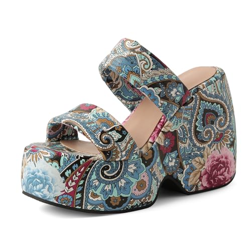 Lizoleor High Keilabsatz Plateau Offene Zeh Print Damen Pantoletten Pantoffeln Out Door Strand Ohne Verschluss Slingback Slide Sandalen Blau Gr 35 Eu von Lizoleor