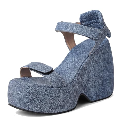 Lizoleor Höhe Ferse Plateau Keilabsatz Denim Mode Damen Sandalen Knöchelriemchen Offene Zeh Concise Strappy Slingback Dark-Blau Gr 36 Eu von Lizoleor