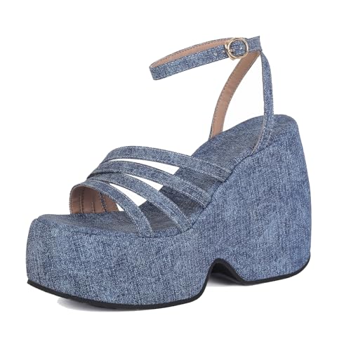 Lizoleor Höhe Ferse Plateau Keilabsatz Denim Mode Damen Sandalen Knöchelriemchen Offene Zeh Concise Strappy Slingback Dark-Blau Gr 39 EU/40Cn von Lizoleor