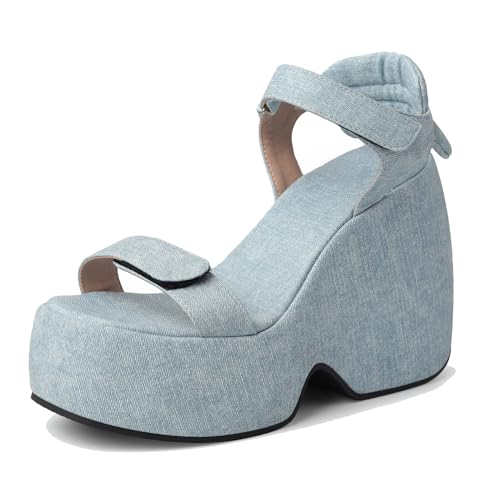 Lizoleor Höhe Ferse Plateau Keilabsatz Denim Mode Damen Sandalen Knöchelriemchen Offene Zeh Concise Strappy Slingback Light-Blau Gr 33 Eu von Lizoleor