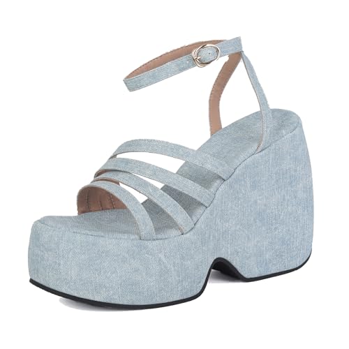 Lizoleor Höhe Ferse Plateau Keilabsatz Denim Mode Damen Sandalen Knöchelriemchen Offene Zeh Concise Strappy Slingback Light-Blau Gr 33 Eu von Lizoleor