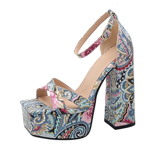 Lizoleor Höhe Ferse Square Toe Plateau Print Damen Sandalen Blume Knöchelriemchen Crisscross Blockabsatz Mode Personality Blau Gr 37 EU/38Cn von Lizoleor