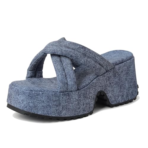 Lizoleor Keilabsatz Plateau Square Toe Damen Pantoletten Pantoffeln Denim Draußen Crisscross Strand Offene Zeh Mode Dark-Blau Gr 34 Eu von Lizoleor