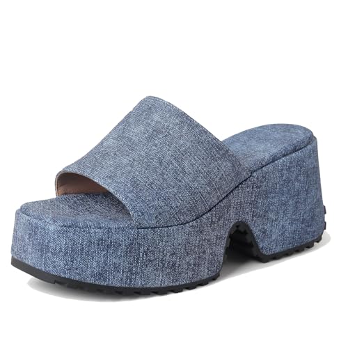 Lizoleor Keilabsatz Plateau Square Toe Damen Pantoletten Pantoffeln Denim Draußen Crisscross Strand Offene Zeh Mode Dark-Blau Gr 34 Eu von Lizoleor