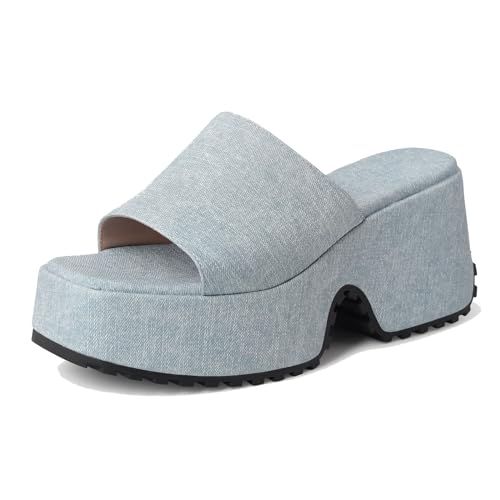 Lizoleor Keilabsatz Plateau Square Toe Damen Pantoletten Pantoffeln Denim Draußen Crisscross Strand Offene Zeh Mode Light-Blau Gr 35 Eu von Lizoleor