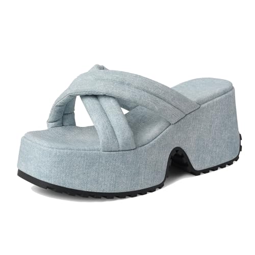 Lizoleor Keilabsatz Plateau Square Toe Damen Pantoletten Pantoffeln Denim Draußen Crisscross Strand Offene Zeh Mode Light-Blau Gr 36.5 EU/37Cn von Lizoleor