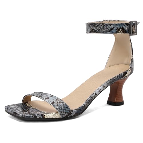 Lizoleor Mid Kitten Heel Offene Zeh Knöchelriemchen Damen Sandalen Square Toe Slingback Elegant Weit Fit Strappy Sommer Arbeit Schuhe Snake-Blau Gr 34 Eu von Lizoleor