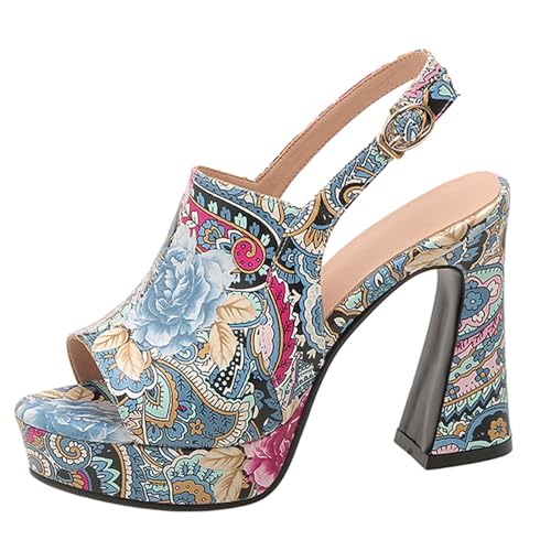 Lizoleor Plateau Blockabsatz Peep Toe Print Damen Sandalen Runde Zehen Stylish Sommer Knöchelriemchen Slingback Kleid Schuhe Blau Gr 33 Eu von Lizoleor