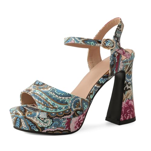 Lizoleor Plateau Blockabsatz Peep Toe Print Damen Sandalen Runde Zehen Stylish Sommer Knöchelriemchen Slingback Kleid Schuhe Blau Gr 33 Eu von Lizoleor