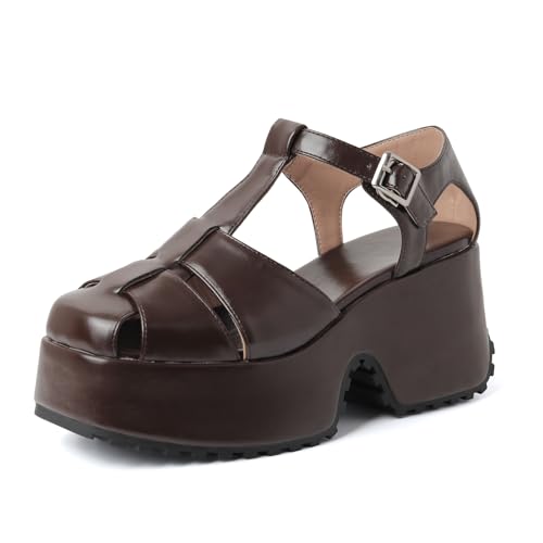 Lizoleor Plateau Keilabsatz Closed Toe Höhe Ferse Damen Sandalen Gladiator Square Toe Knöchelriemchen Concise Weit Fit Braun Gr 36.5 EU/37Cn von Lizoleor