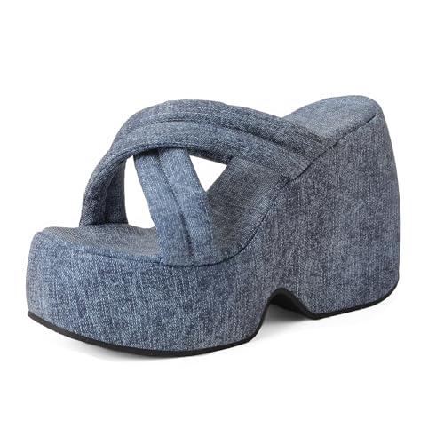 Lizoleor Plateau Keilabsatz Offene Zeh Denim Pantoletten Damen Pantoffeln Runde Zehen Höhe Ferse Ohne Verschluss Draußen Strand Stylish Dark-Blau Gr 34 Eu von Lizoleor