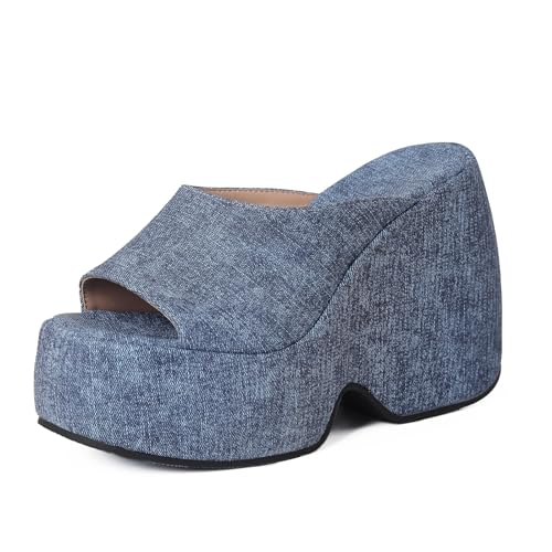 Lizoleor Plateau Keilabsatz Offene Zeh Denim Pantoletten Damen Pantoffeln Runde Zehen Höhe Ferse Ohne Verschluss Draußen Strand Stylish Dark-Blau Gr 36 Eu von Lizoleor