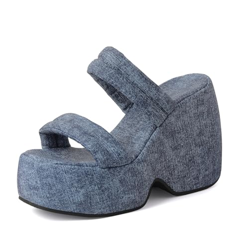 Lizoleor Plateau Keilabsatz Offene Zeh Denim Pantoletten Damen Pantoffeln Runde Zehen Höhe Ferse Ohne Verschluss Draußen Strand Stylish Dark-Blau Gr 41 EU/43Cn von Lizoleor