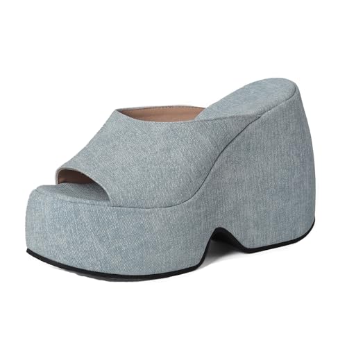 Lizoleor Plateau Keilabsatz Offene Zeh Denim Pantoletten Damen Pantoffeln Runde Zehen Höhe Ferse Ohne Verschluss Draußen Strand Stylish Light-Blau Gr 33 Eu von Lizoleor