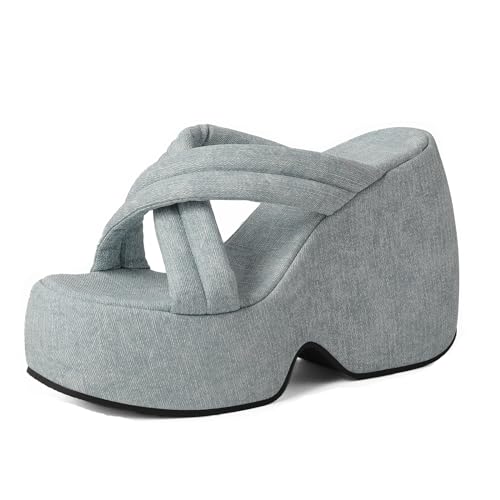 Lizoleor Plateau Keilabsatz Offene Zeh Denim Pantoletten Damen Pantoffeln Runde Zehen Höhe Ferse Ohne Verschluss Draußen Strand Stylish Light-Blau Gr 33 Eu von Lizoleor