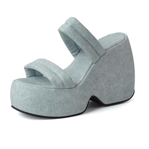 Lizoleor Plateau Keilabsatz Offene Zeh Denim Pantoletten Damen Pantoffeln Runde Zehen Höhe Ferse Ohne Verschluss Draußen Strand Stylish Light-Blau Gr 36 Eu von Lizoleor