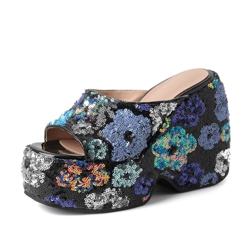 Lizoleor Plateau Keilabsatz Pantoletten Höhe Ferse Offene Zeh Damen Pantoffeln Draußen Strand Ohne Verschluss Slingback Glitzer Mode Blau-Schwarz Gr 34 Eu von Lizoleor