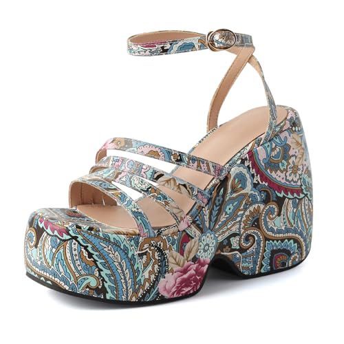 Lizoleor Plateau Keilabsatz Print Offene Zeh Damen Sandalen Slingback Strappy Elegant Knöchelriemchen Komfort Strand Blau Gr 33 Eu von Lizoleor