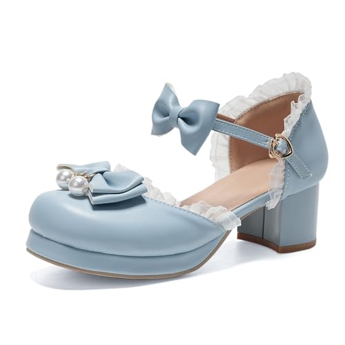 Lizoleor Runde Zehen Chunky Heel Mary Jane Lolita Damen Sandalen Sweet Bogen Spitze Plateau Sommer Knöchelriemchen Ruffles Girl Blau Gr 37 EU/38Cn von Lizoleor