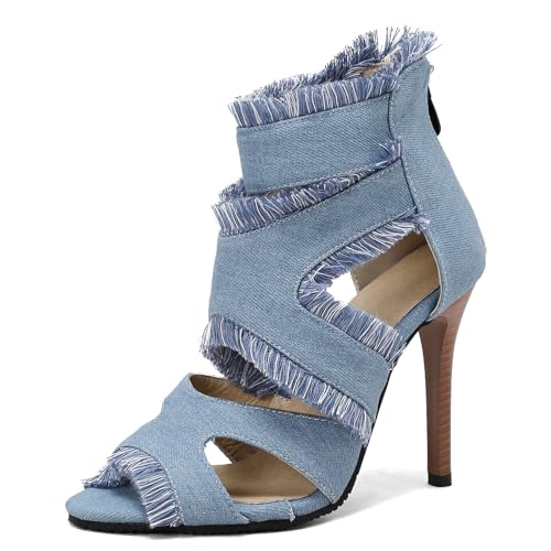 Lizoleor Stiletto Peep Toe Sommer Boots Damen Sandalen Gladiator Denim Quasten Cut Out Reißverschluss Kleid Schuhe Light-Blau Gr 35 Eu von Lizoleor