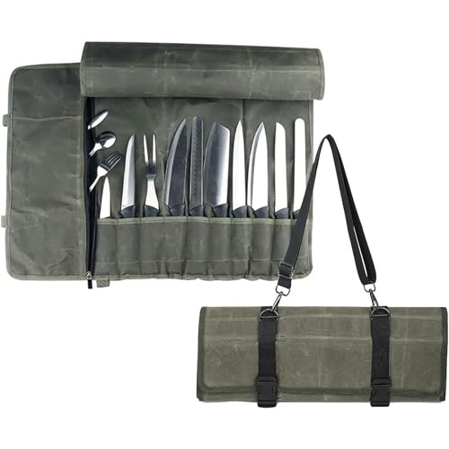 Lnlscle Professioneller Messerträger, Kochmesser-Rolltasche mit Griff, Schulterriemen & Reißverschluss, 10 Schlitze Plus 1 Reißverschlusstasche, Messerrolle aus gewachstem Leder Lnlscle Professioneller Messerträger, Kochmesser-Rolltasche mit Griff, Schulterriemen & Reißverschluss, 10 Schlitze Plus 1 Reißverschlusstasche, Messerrolle aus gewachstem Leder von Lnlscle