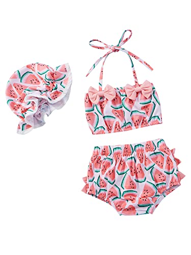 Loalirando Badeanzug für Mädchen, Bikini, 3-teilig, Aufdruck mit Hologramm-Druck, Badeanzug für Neugeborene, Meeres, Top Bikini + Boden, Hut, Rosa, 6-12 Monate von Loalirando