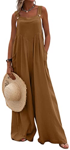 Loalirando Damen Latzhose Sommer Jumpsuit Leinen Hosenanzug Ärmellos Playsuit Casual Loose Overall Frühling Einteiler mit Taschen (Braun, 2XL) von Loalirando