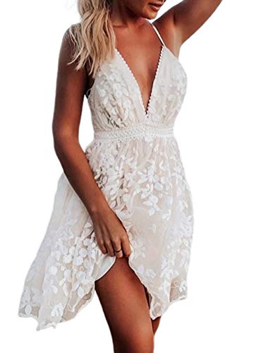 Loalirando Damen Schönes Spizenkleid Etuikleid Rückenfrei Kleid Festlich Hochzeitkleider Kurz Weiß (S, Spitzen) von Loalirando