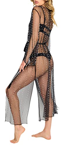 Loalirando Damen Sexy Streetwear Transparent Kleid mit Perlen Party Clubwear Unterkleid Bikini Cover up (Cardigan/Schwarz, L) von Loalirando