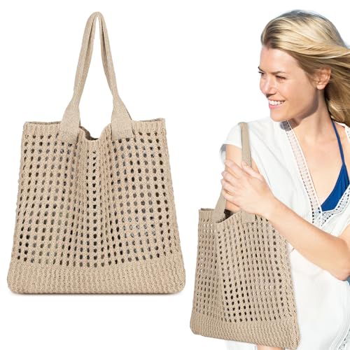 Locmeo Strandtasche für Damen, groß, gehäkelt, Sommerhandtasche, Boho, ästhetisch, gewebt, Schultertasche, Stricktasche (Khaki) von Locmeo