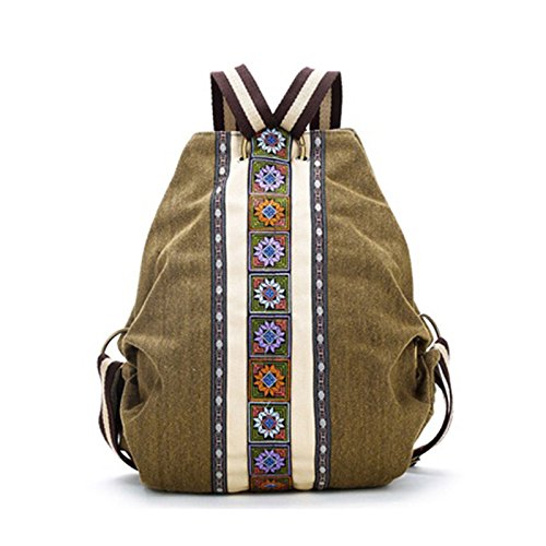 Lodokdre Ethnischer Canvas-Rucksack für Damen, Hippie, Schultertasche, Mädchen, Boho-Rucksack, Army Grün, Einheitsgröße, Rucksack Backpacks von Lodokdre