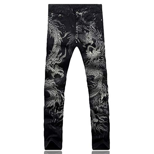 Loeay Herrenmode Drachendruck Jeans männlich farbige Zeichnung gemalt schlanke Jeanshose elastisch schwarz Lange Hose schwarz 38 von Loeay